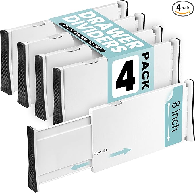 Adjustable Drawer Dividers, 8" Tall, Expandable 13.35-22", 4-Pack