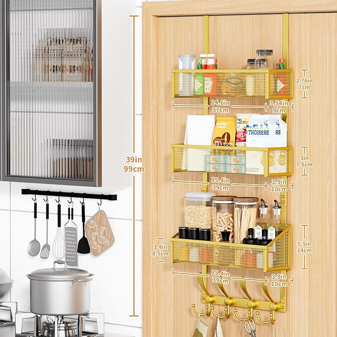 Kaiferty Over The Door Hooks Organizer, Coat Rack Over The Door Storage Hanger Towel Rack, Back of Door Storage Organizer for Bathroom,Bedroom,Kitchen,Office (Gold, 4-Tier)