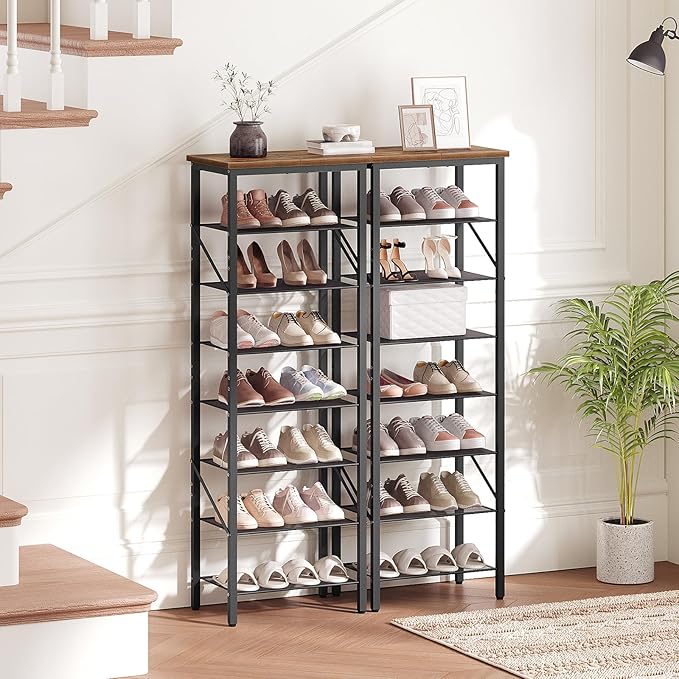 MAHANCRIS 8 Tier Narrow Shoe Rack Organizer, Tall Slim Shoe Storage for Small Space, Holds 8-16 Pairs, Metal Shoe Shelf with Wooden Top for Entryway Closet Bedroom, Rustic Brown and Black SRHR08401