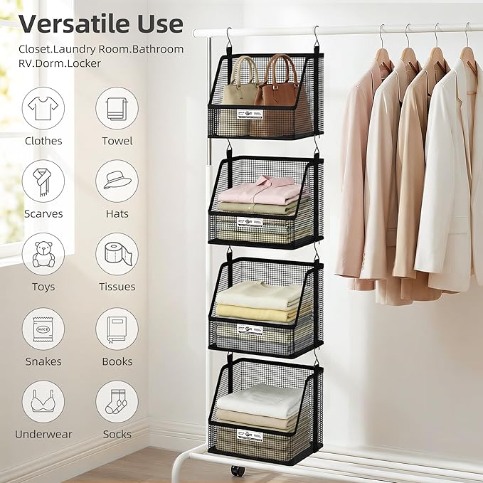 STORAGE MANIAC 4 Tier Hanging Closet Organizer with Mesh Baskets, Clothes Hanging Shelves, Foldable Stackable Storage, Space-Saving Collapsible Basket with Hooks for RV, Dorm, Bedroom, College, Black