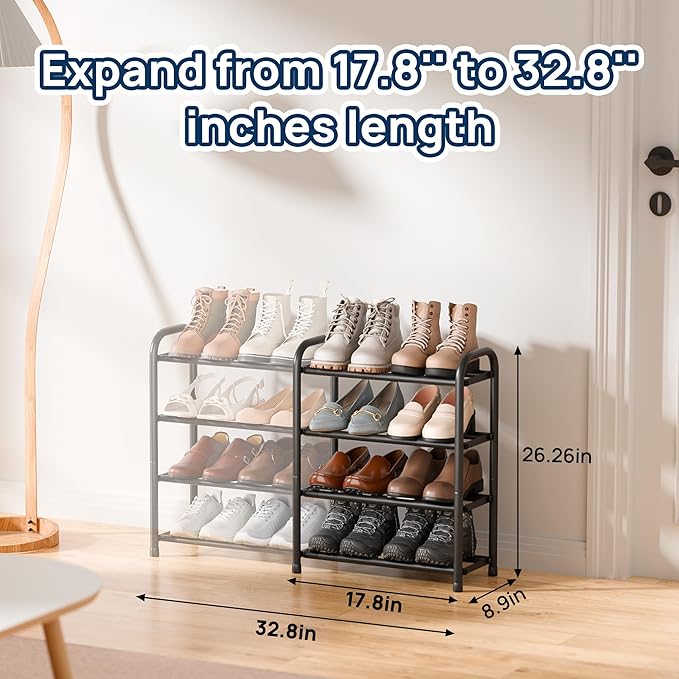 ENJOYBASICS 4 Tier Expandable Shoe Rack for Closet, Free Standing Metal Shoe Shelf Storage Organizer Holder 16 Pairs, Adjustable Width Shoe Rack for Entryway Small Space, Black