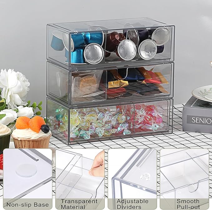 Acrylic Pencil Drawer with Removable Dividers Clear Pull Out Pen Drawer Organizer Stackable Bathroom Organizer for Makeup, Cosmetics, Office Supplies,3 Pack
