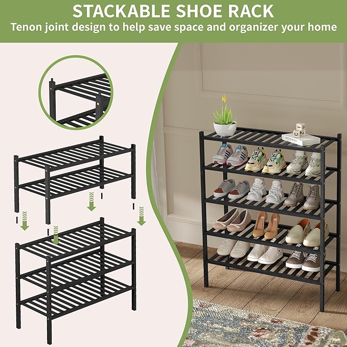 CRAFT 2 Tier Bamboo Shoe Rack for Closet Free Standing Wood Shoe Shelf, Black