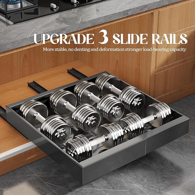 Seinloes 4 Pack Expandable Pull Out Cabinet Organizer 21"Deep With Raising Pad for Framed Cabinets,Upgrade 3 Slide Rails Slide Out Drawers,No Drill Roll Out Shelves,Adjustable Width 12.1"-20.4" Black