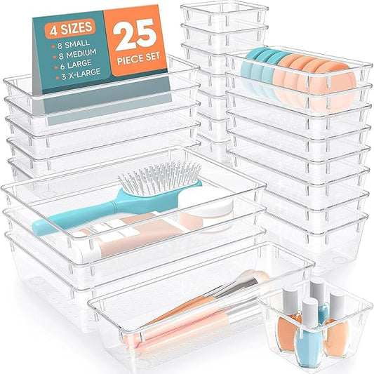 25 PCS Plastic Drawer Organizer Set, Clear White