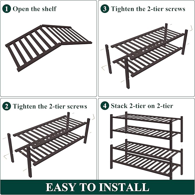 Smiry Bamboo Shoe Rack for Closet, 4 Tier Wooden Shoe Organizer, Stackable Wood Shoe Storage Shelf for Entryway, 14 Vertical Slats, 2+2 Stack Heavy-Duty Legs, 26.77"x11.02"x25.98", Brown