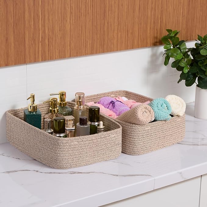 MiniArk Large Shallow Organizing Baskets 15x11x5.1 Inches - Rope Woven Storage Bins for Bathroom, Shelves, Cube Closet, Mixed Brown 3 Packs