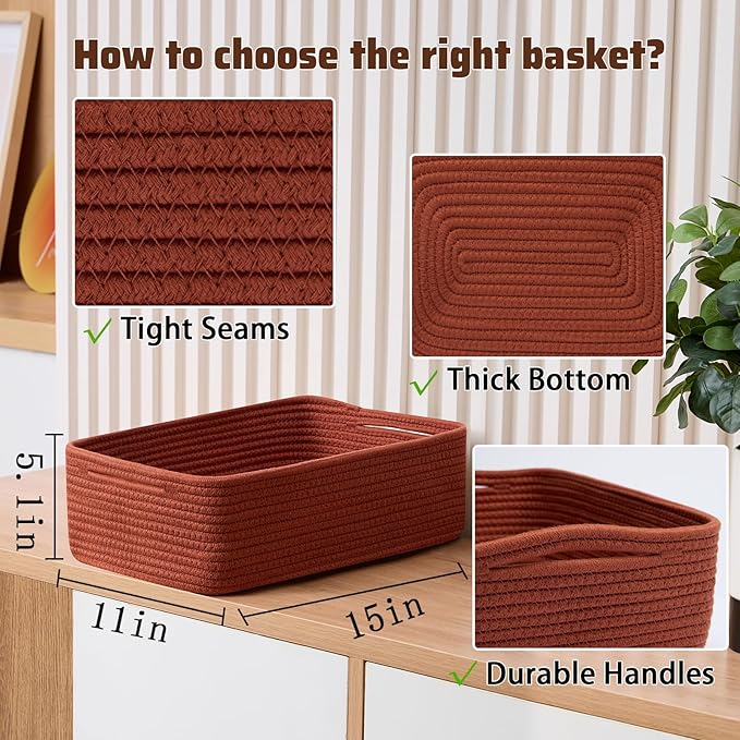 MiniArk Large Shallow Organizing Baskets 15x11x5.1 Inches - Rope Woven Storage Bins for Bathroom, Shelves, Cube Closet, Red 3 Packs