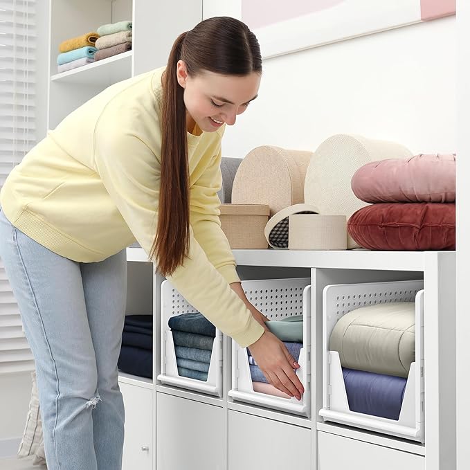 Sorbus Stackable Shelf Organizer Baskets – Plastic Closet Organizer for Clothes, Pantry, Bathroom, Kitchen & Garage – Open Front Storage Bins for Cabinets, Countertops & Under Shelf Organization