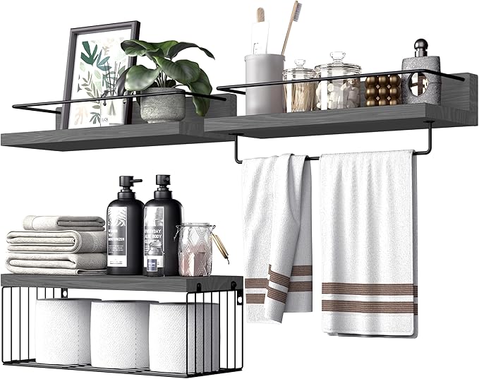 PopiShelves Bathroom Shelves Over Toilet for Wall, Floating Shelves with Storage Basket Paper Holer for Kitchen Living Room, Bedroom & Classroom, Set of 3 (Grey)