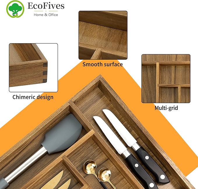 Luxury Acacia Kitchen Drawer Organizer, Silverware Organizer, 6 Slot