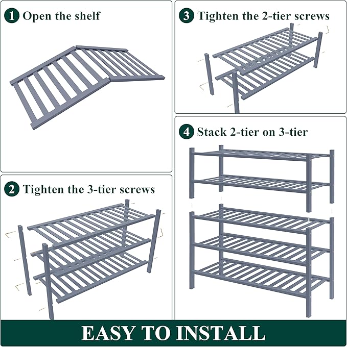 Smiry Bamboo Shoe Rack for Closet, 5 Tier Wooden Shoe Organizer, Stackable Wood Shoe Storage Shelf for Entryway, 14 Vertical Slats, 2+3 Stack Heavy-Duty Legs, 26.77"x11.02"x31.3", Grey