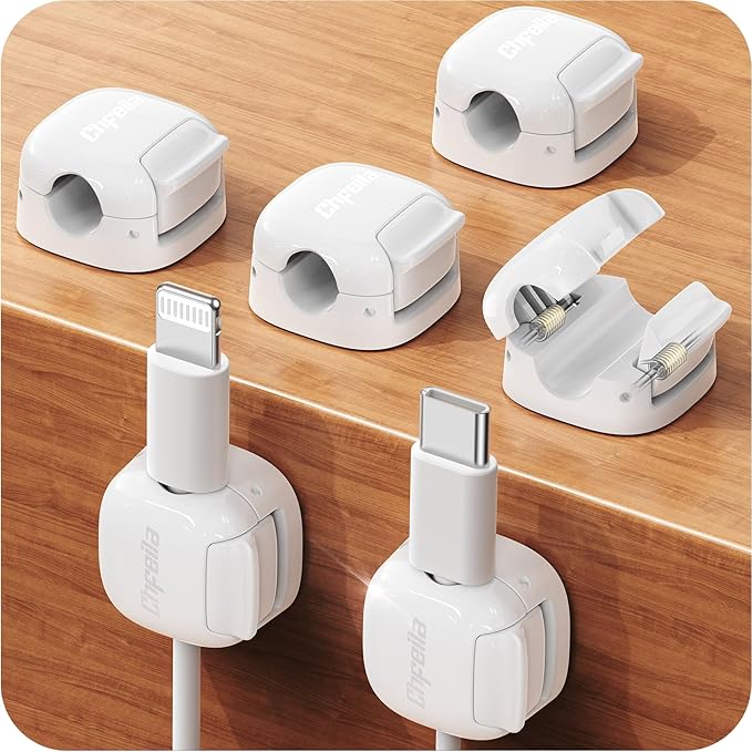 6Pack Cord Organizer, Chfeila Compact Dual Spring & Clasp Lock Cable Management Clips, Adhesive Phone Charger Keeper, Cord Holder for Nightstand/Wall/Car, Home Office Desk Accessories Cute Dorm Decor