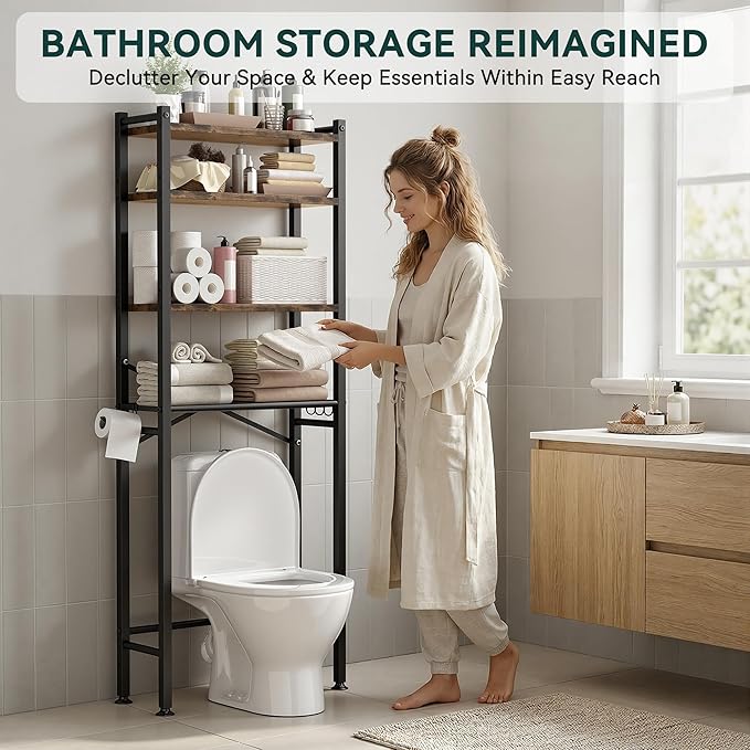 4-Tier Over The Toilet Storage with Paper Holder and 4 Hooks