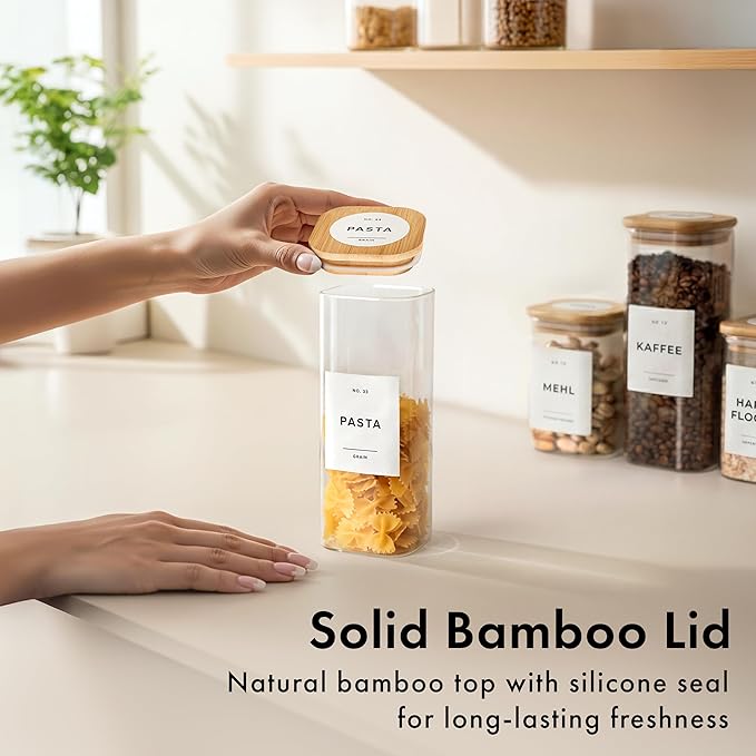 EDELHAUS Square Glass Storage Containers with Bamboo Lids 12-Pack (4x 30 oz, 8x 17 oz) Airtight Glass Storage Jars with Lids for Food, Stackable Glass Kitchen Canisters with 114 Labels for Pantry