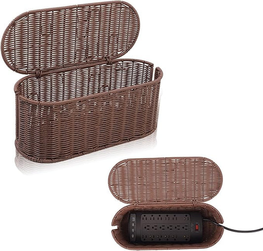 Cable Management Box, Handmade Rattan Cable Organizer, Brown