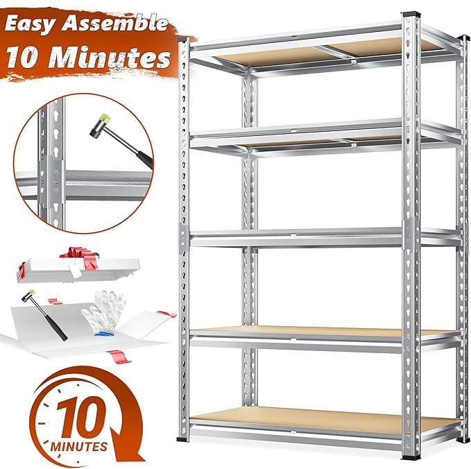 REIBII Garage Shelving, 5 Tier Storage Shelves Load 2400LBS, Adjustable Garage Shelving Heavy Duty, Metal Shelving Unit with Waterproof Columns, 35.5" W x 11.9" D x 72" H, Galvanized, 4 Pack