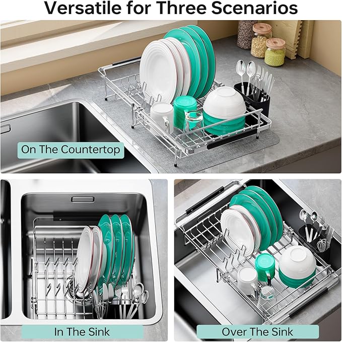Urackify Dish Drying Rack in Sink - Stainless Steel Expandable (14.5''-18''L) Over The Sink Dish Rack with Utensil Holder, Space-Saving Dish Drainer for Kitchen Counter, Silver