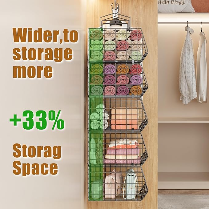 Capacity Upgrade Edition Deeper 4'' 5 Tier Foldable Hanging Closet Organizer and Storage，Wire Cabinet Shelves and Rack with 5 S Hooks,Stackable Metal Basket Bins for Clothes Shoe Purse,Black