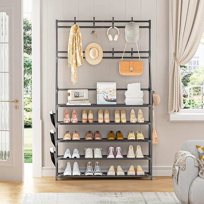 OYREL Shoe Rack 5 Tier Shoe Racks Organizer 20-25 Pairs Shoes Rack for Closet Entrance Shoe Storage Organizer with Hooks and Side Pocket Entryway Shoe Holder Space Saving Free Standing Shoe Racks
