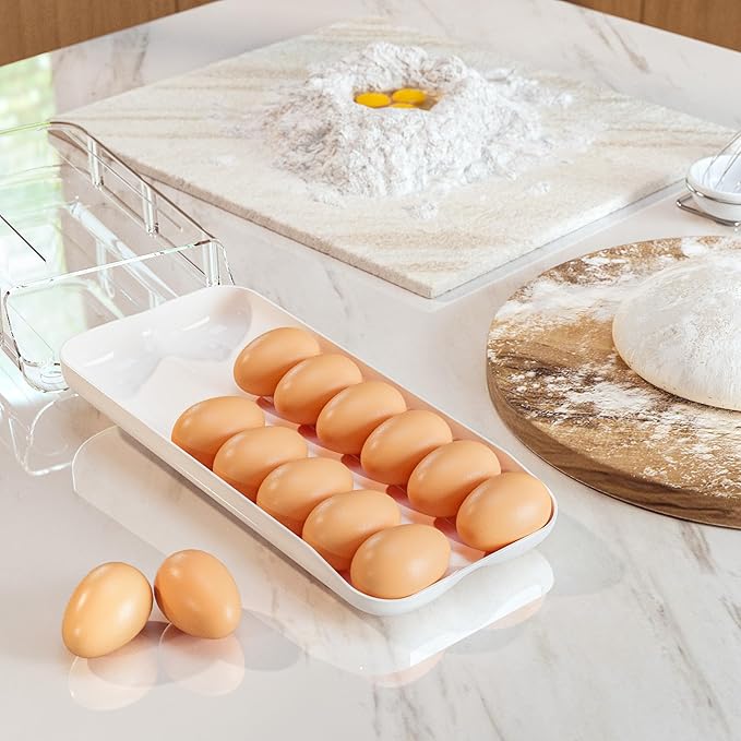 theaoo Egg Holder for Fridge, Automatic Rolling Egg Container for Refrigerator, Clear Plastic Egg Dispenser, Stackable Eggs Organizer with Quick Removable inner Tray For Organizers and Storage, 1 Pack