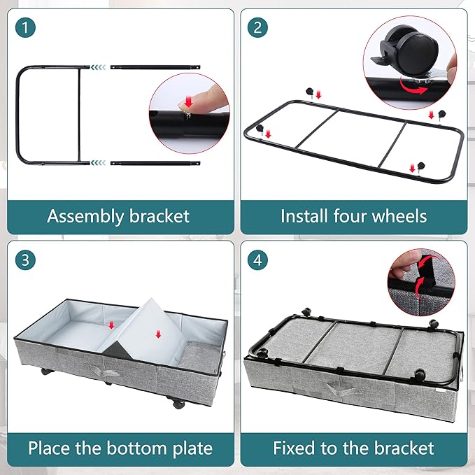 Supowin Under Bed Storage with Wheels, Rolling Underbed Storage Containers with Lids, Under Bed Shoe Storage Bins Organizer with Reinforced Metal Bottom Support and Three Handles