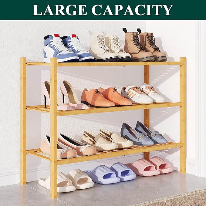 Smiry Bamboo Shoe Rack for Closet, 3 Tier Wooden Shoe Organizer, Stackable Wood Shoe Storage Shelf for Entryway, 14 Vertical Slats, One-piece Heavy-Duty Legs, 26.77"x11.02"x18.31", Natural