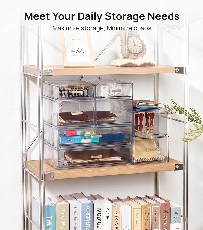 LALOBLUE Stackable Storage Drawers, 6 Pack Clear Acrylic Organizer Bins with Golden Handles, Multi-Size Plastic Drawers for Makeup, Vanity, Kitchen, Bathroom, Office, Pantry Organization and Storage