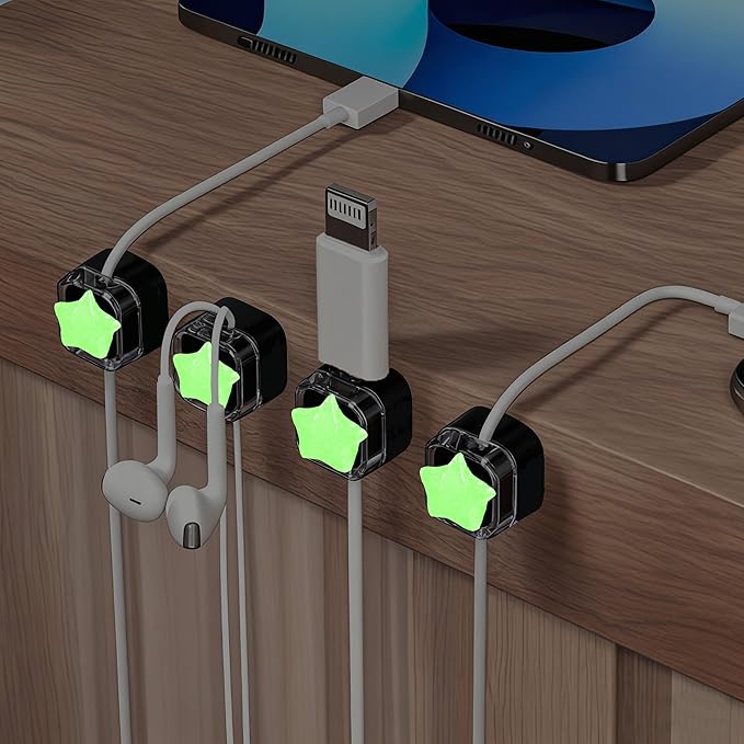 9Pack Magnetic Cable Clips for Nightstand, Adhesive Night-Glowing Cord Holder Organizer for Office Home Desk Wall Car (Black,Star)