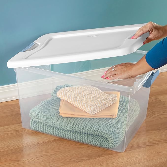 Sterilite 8-Pack 64 Quart Latching Box, Clear Plastic Storage Organizer Bins with White Lids - Large Stackable Containers for Home Bedroom, Dorm Room, and Closet Organization