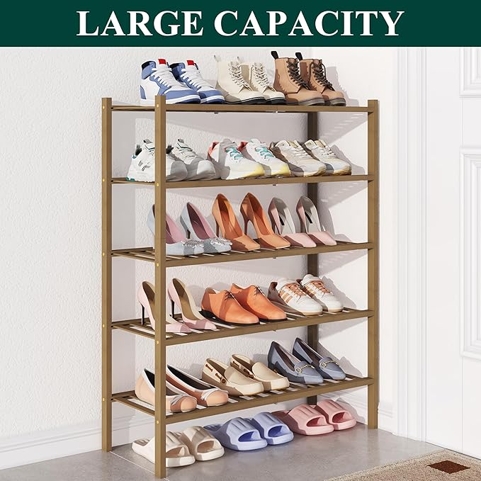 Bamboo Shoe Rack for Closet, 5 Tier Wooden Shoe Organizer, Walnut