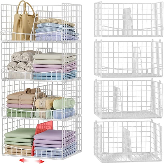 4-Tier Closet Organizers and Storage Basket with Divider, White