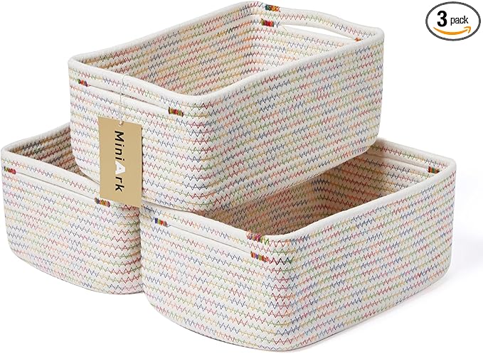 MiniArk Small Storage Baskets for Organizing | Closet Organizer Bins | Shelf Toy Basket | Woven Rope Baskets | Cube Decorative Box | Shallow Basket | 13x8.5x5.1” | 3 Packs Rainbow