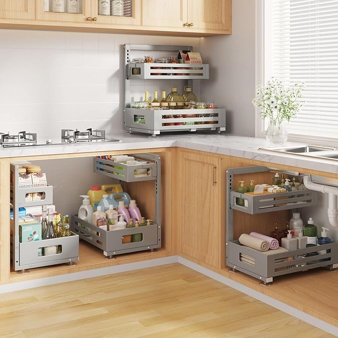 2 Pack Under Sink Organizer,Pull Out Cabinet Organizer With Smooth Cylindrical Rail,Metal Slide Out Drawer for Kitchen Bathroom Laundry Cabinet,8-Level Tool Free Height Adjustable-Gun Gray