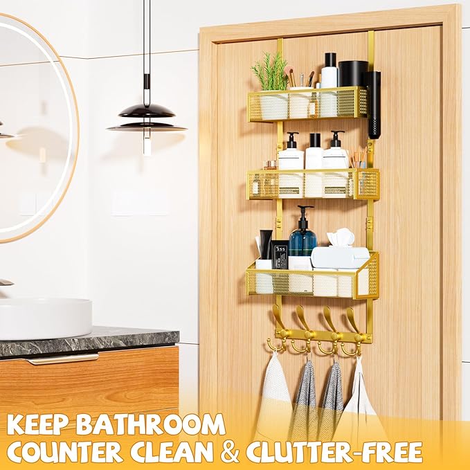 Kaiferty Over The Door Hooks Organizer, Coat Rack Over The Door Storage Hanger Towel Rack, Back of Door Storage Organizer for Bathroom,Bedroom,Kitchen,Office (Gold, 4-Tier)