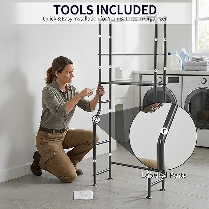 3-Tier Over The Toilet Storage, Freestanding Metal Bathroom Shelves, Space Saver Above The Over Toilet Storage Shelf for Bathroom (Black)