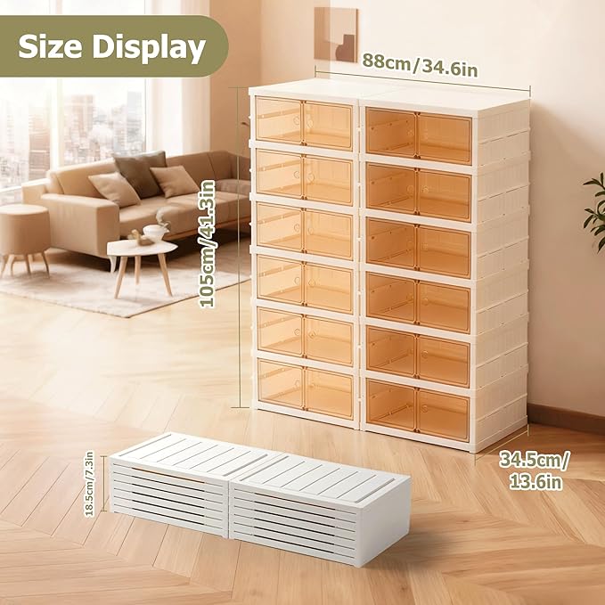 Foldable Shoe Rack Organizer Collapsible Shoe Storage Organizer with Doors, Large Plastic Folding Shoe Rack, Clear Shoe Storage Boxes Easy Assembly Shoe Cabinet for Entryway (2 x 6 Tiers-12 Pairs)