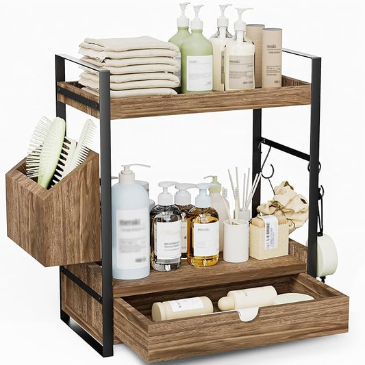 2-Tier Bathroom Counter Organizer with Drawer and Basket, Dark Brown