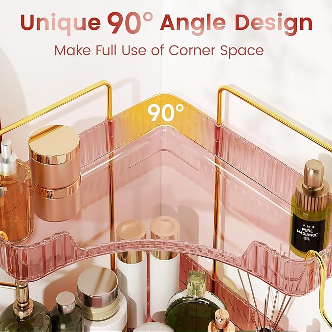 Delicate Pink 2-Tier Corner Counter Organizer with Expandable Hooks, Bathroom