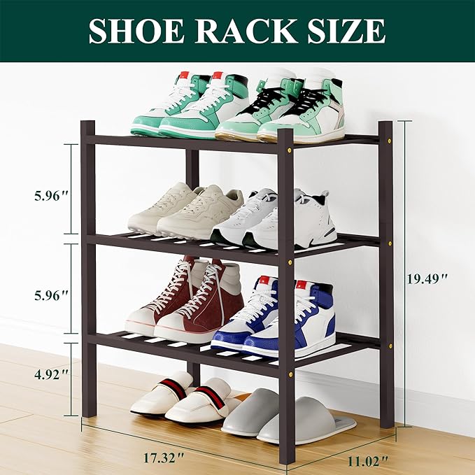 Smiry Small Bamboo Shoe Rack, 3 Tier Free Standing Wooden Shoe Organizer, Stackable Wood Shoe Storage Shelf for Closet, Entryway, 12 Vertical Slats, 2+1 Stack Standard Legs, 17.3"x11"x19.5", Brown