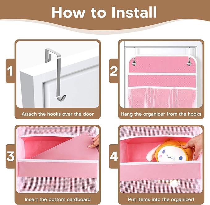 SpaceWhisper Over the Door Organizer, 6 Large Pocket Hanging Storage Organizer with 40lb Capacity, Space Saving for Nursery, Bathroom, Bedroom, Closet - Baby Essentials & Toiletry Organizer (Pink)