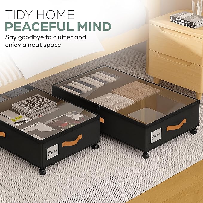 Under Bed Storage with Wheels, 2 Pack (36L Each)| Low Profile Storage Organizer with Clear Window, Double Zipper & 360° Locking Wheels – Rolling Metal Drawer for Clothes, Shoes, & More (Black)