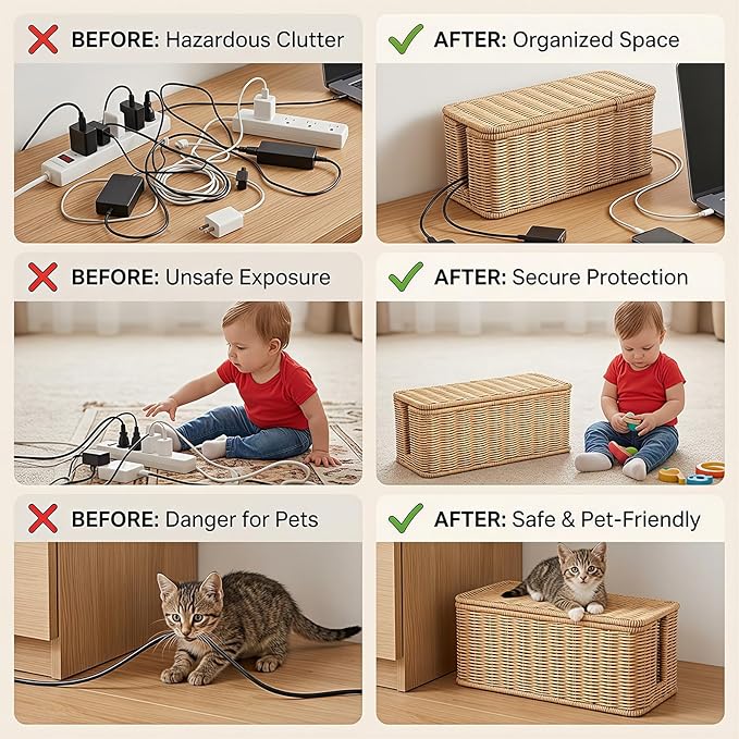 Desk Organizer Decorative Rattan Decor Countertop Cable Management Box Charging