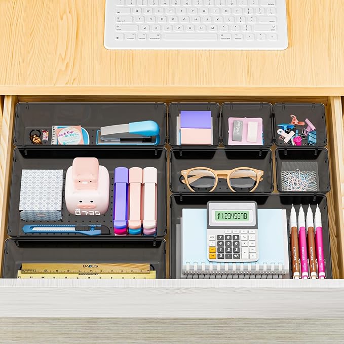 25 PCS Plastic Drawer Organizer Set, Clear Black