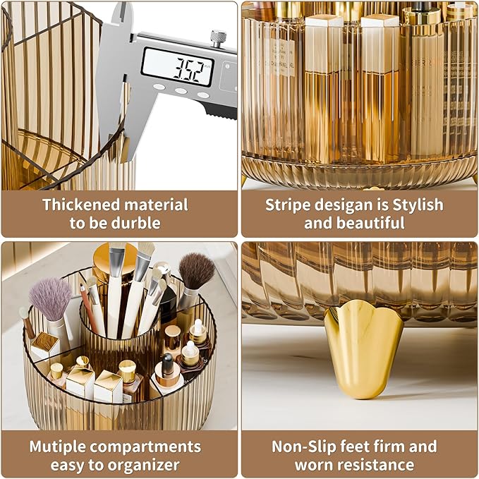 Clear Rotating Makeup Organizer Countertop for Vanity, 360° Makeup Brush Holder Organizer with 5 Compartments, Transparent Cosmetic Storage for Lipstick, Skincare, Bathroom Counter (Transparent Amber)