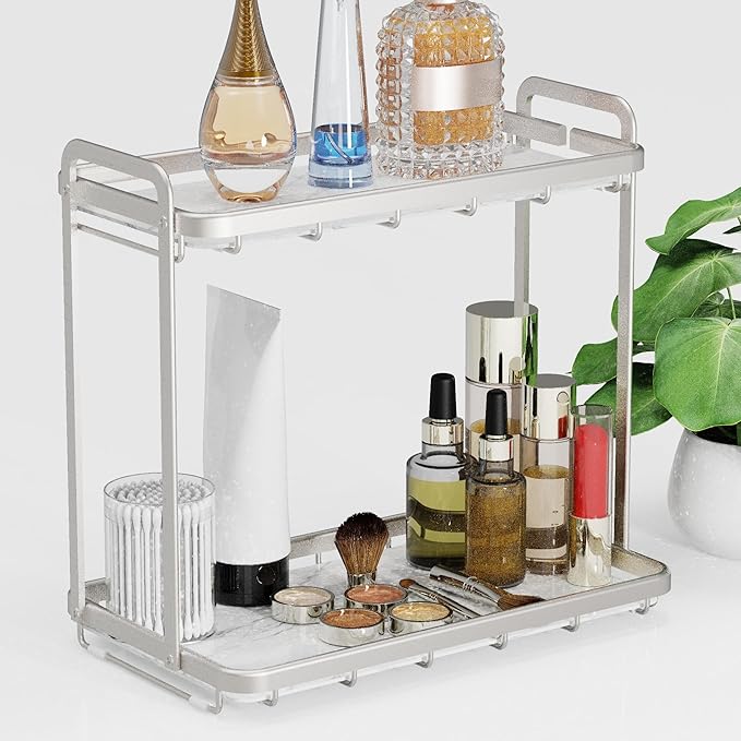 Counter Organizer for Bathroom, Kitchen or Coffee Bar, Metal Shelf with Faux Marble, Vanity Countertop Makeup Storage, Dresser Perfume Display Rack, Toilet Tank Tray (Matte Nickel, 2-Tier)