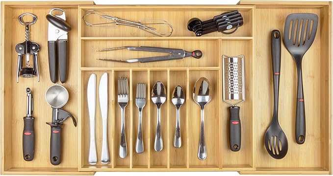 KitchenEdge Premium Silverware, Flatware and Utensil Organizer for Kitchen Drawers, Food-Safe Contract Grade, Expandable from 18 to 33 In, Natural Bamboo