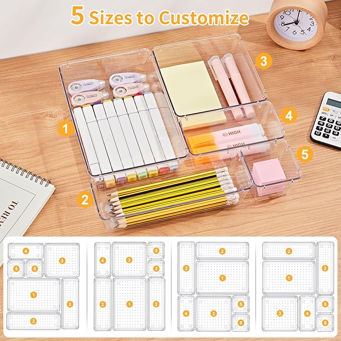 SMARTAKE 22-Piece Drawer Organizer with Non-Slip Silicone Pads, 5-Size Clear Desk Drawer Organizer Trays Storage Tray for Makeup, Jewelries, Utensils in Bedroom Dresser, Office and Kitchen, Clear
