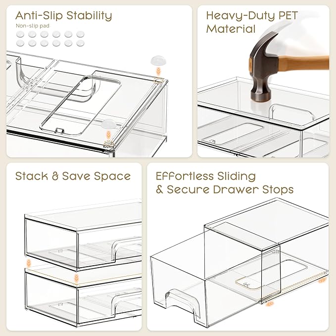 Stackable Storage Drawers, 6 Pack Clear Plastic Makeup & Bathroom Organizer