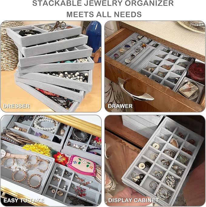 Set of 8 Velvet Jewelry Drawer Organizer Inserts, Stackable Trays with Removable Dividers, Earring and Ring Holder Display for Dresser, Storage Case for Necklace Bracelet Watch - Grey